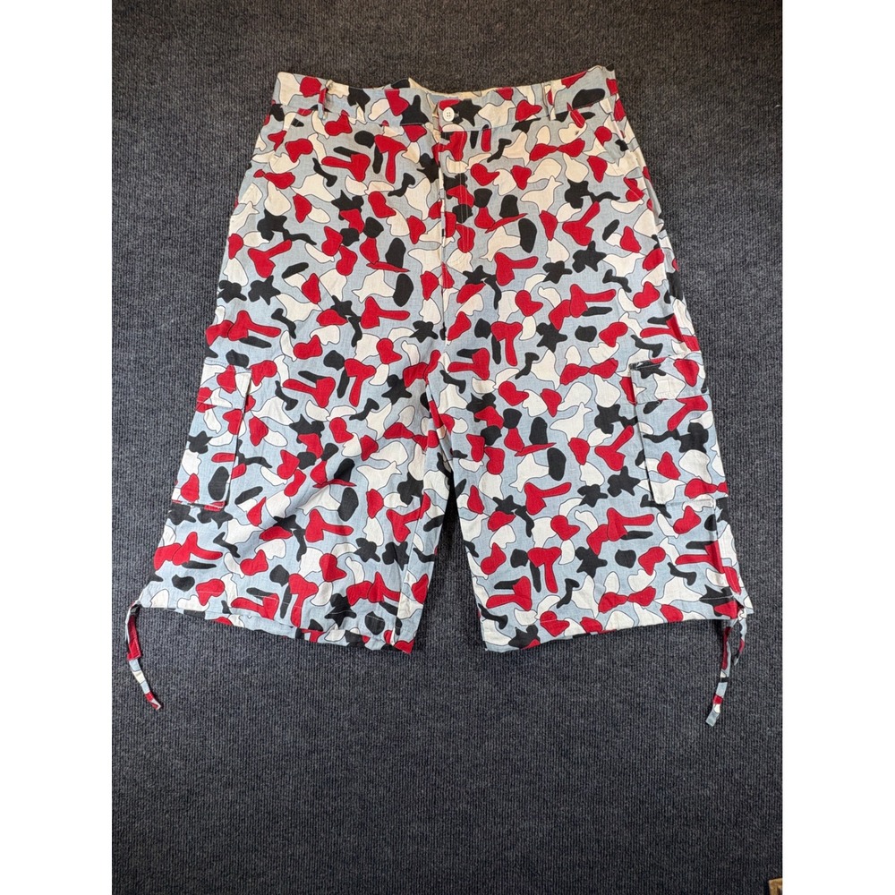 Blue Ocean Mens 40 Camo Cargo Shorts Red Black White Linen Blend Drawstring Hem